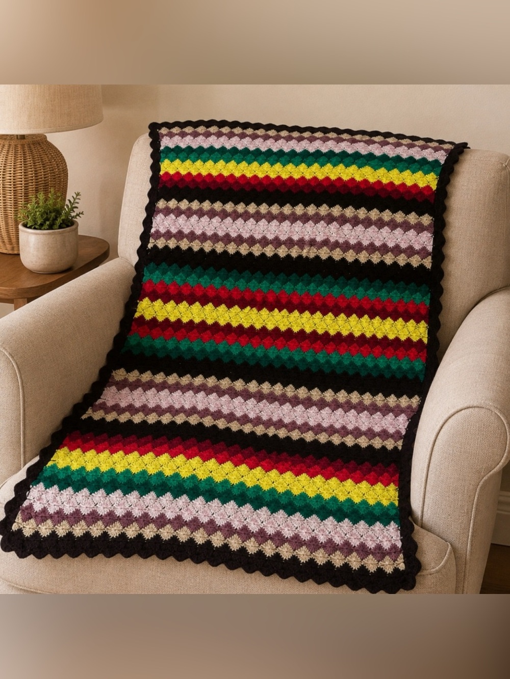 Vintage 70’s Handmade Multicolor Crochet Blanket - Striped Diamond Pattern